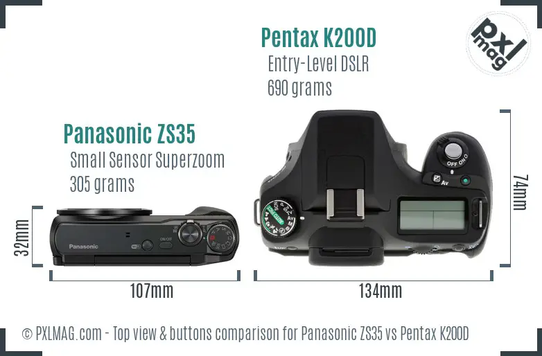 Panasonic ZS35 vs Pentax K200D top view buttons comparison