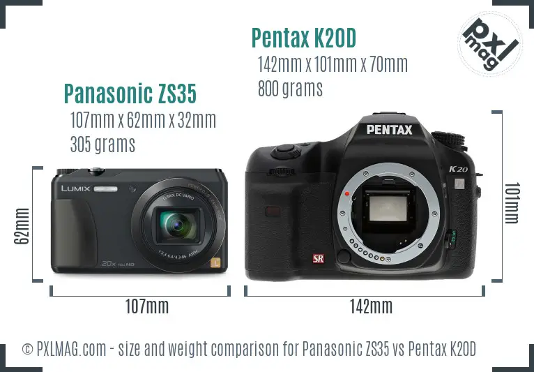 Panasonic ZS35 vs Pentax K20D size comparison