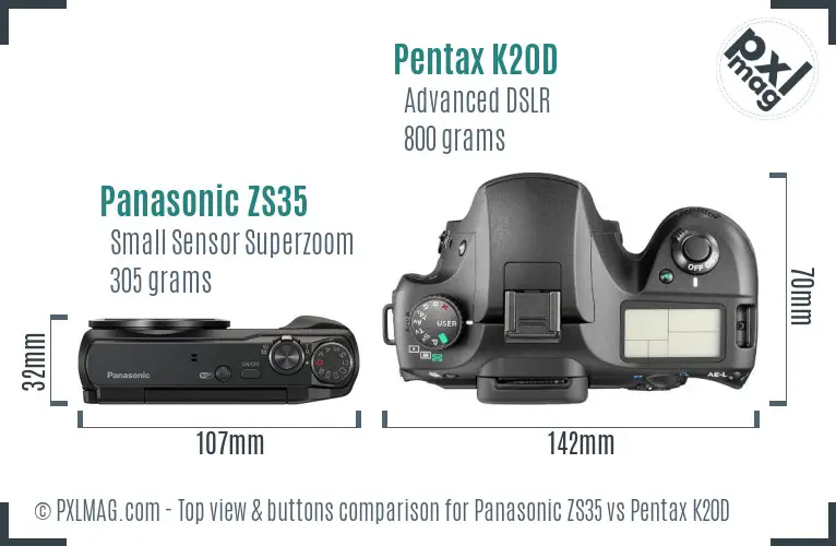 Panasonic ZS35 vs Pentax K20D top view buttons comparison
