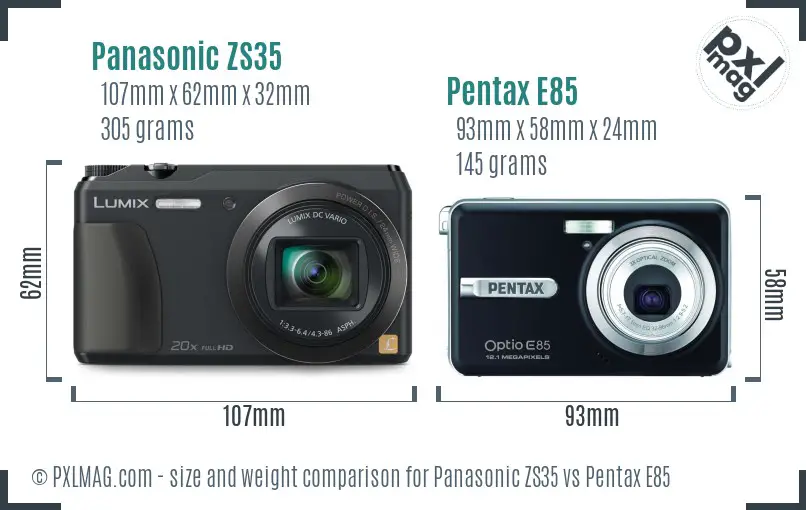 Panasonic ZS35 vs Pentax E85 size comparison