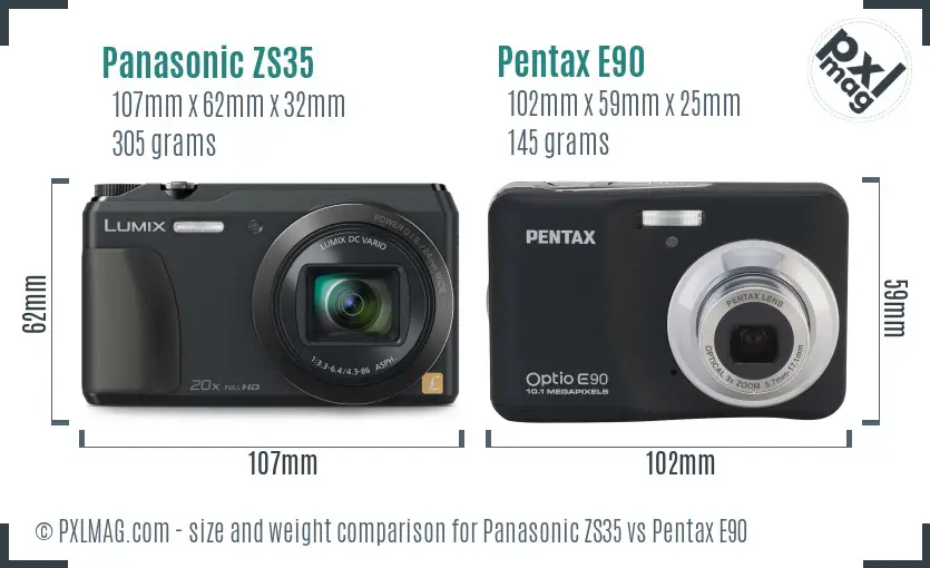 Panasonic ZS35 vs Pentax E90 size comparison
