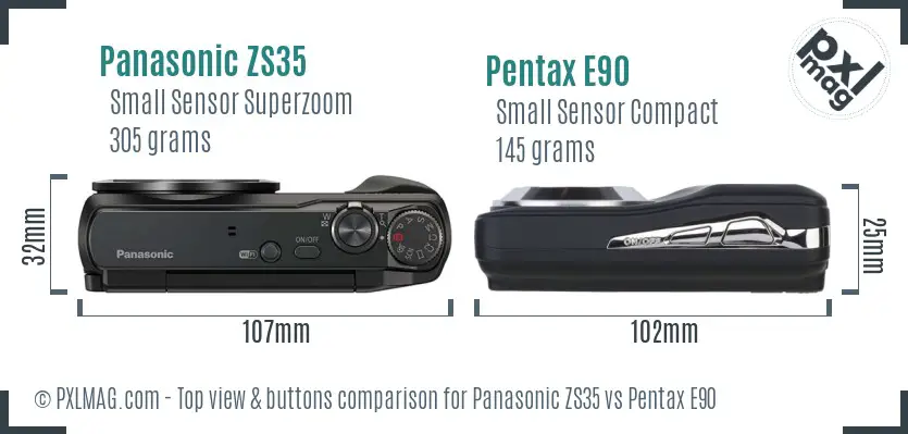 Panasonic ZS35 vs Pentax E90 top view buttons comparison