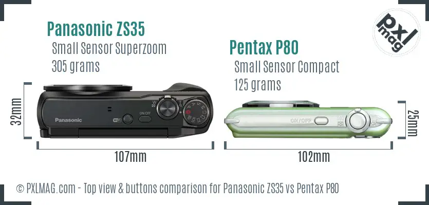 Panasonic ZS35 vs Pentax P80 top view buttons comparison