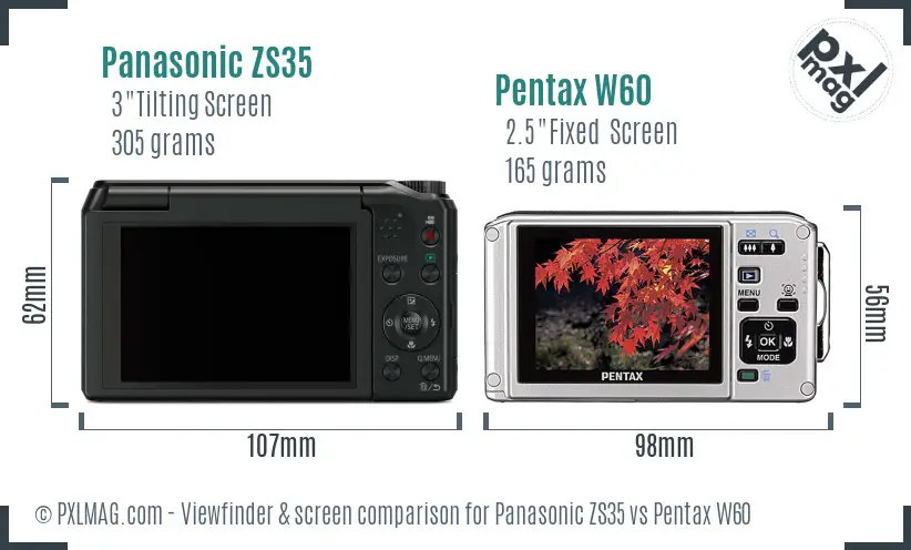 Panasonic ZS35 vs Pentax W60 Screen and Viewfinder comparison
