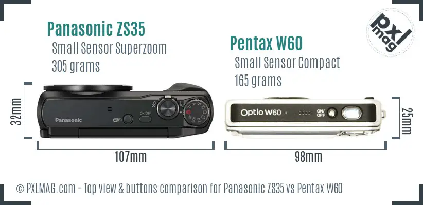 Panasonic ZS35 vs Pentax W60 top view buttons comparison