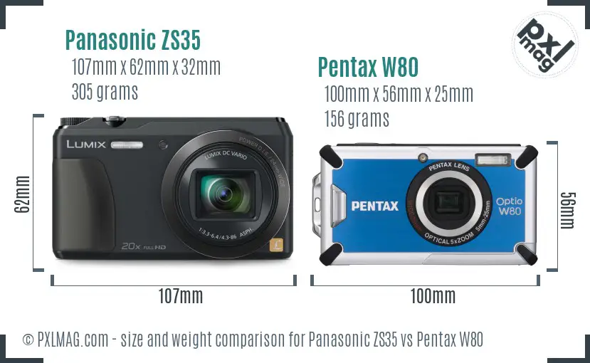 Panasonic ZS35 vs Pentax W80 size comparison