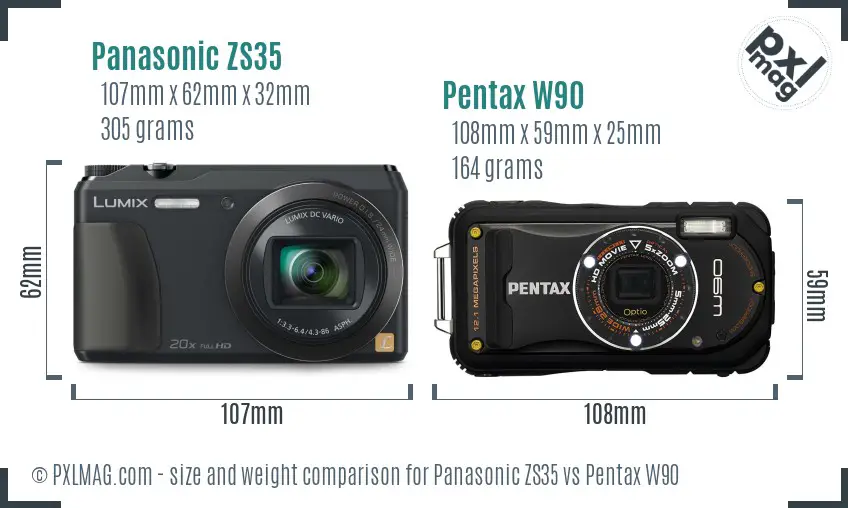 Panasonic ZS35 vs Pentax W90 size comparison