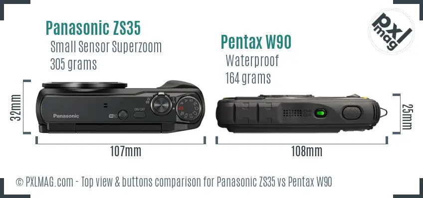 Panasonic ZS35 vs Pentax W90 top view buttons comparison