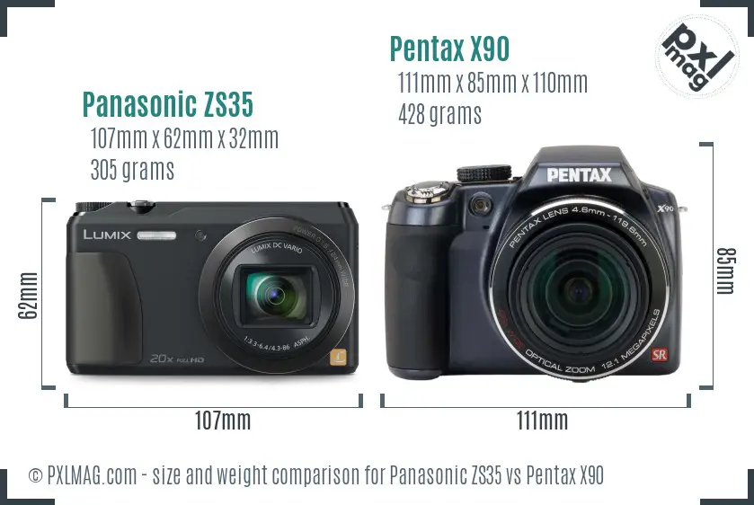 Panasonic ZS35 vs Pentax X90 size comparison