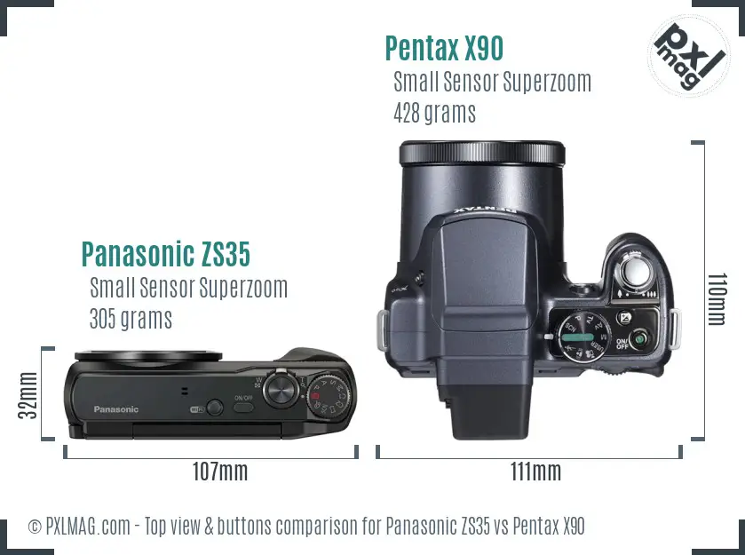 Panasonic ZS35 vs Pentax X90 top view buttons comparison