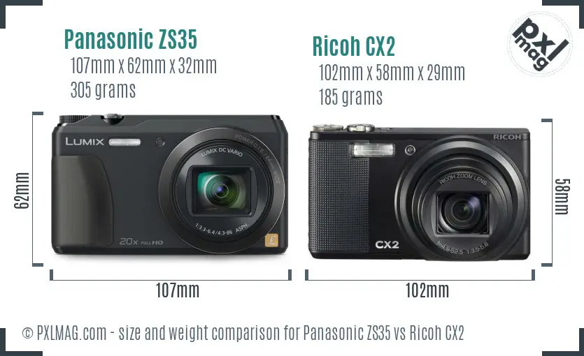 Panasonic ZS35 vs Ricoh CX2 size comparison