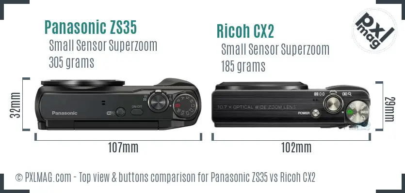 Panasonic ZS35 vs Ricoh CX2 top view buttons comparison