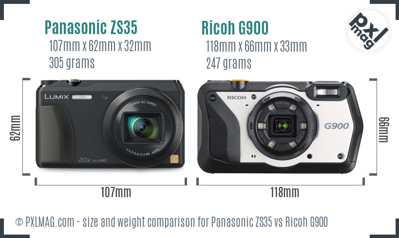 Panasonic ZS35 vs Ricoh G900 size comparison