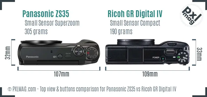 Panasonic ZS35 vs Ricoh GR Digital IV top view buttons comparison Panasonic ZS35 vs Ricoh GR Digital IV top view buttons comparison