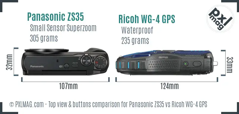 Panasonic ZS35 vs Ricoh WG-4 GPS top view buttons comparison Panasonic ZS35 vs Ricoh WG-4 GPS top view buttons comparison