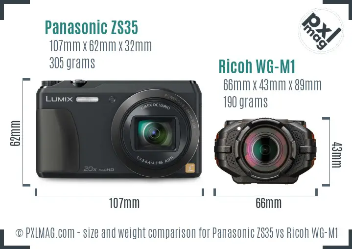 Panasonic ZS35 vs Ricoh WG-M1 size comparison