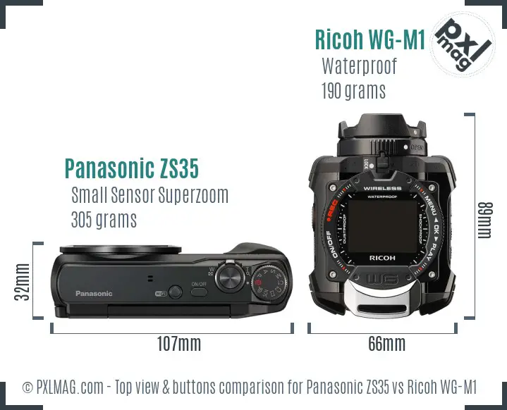 Panasonic ZS35 vs Ricoh WG-M1 top view buttons comparison