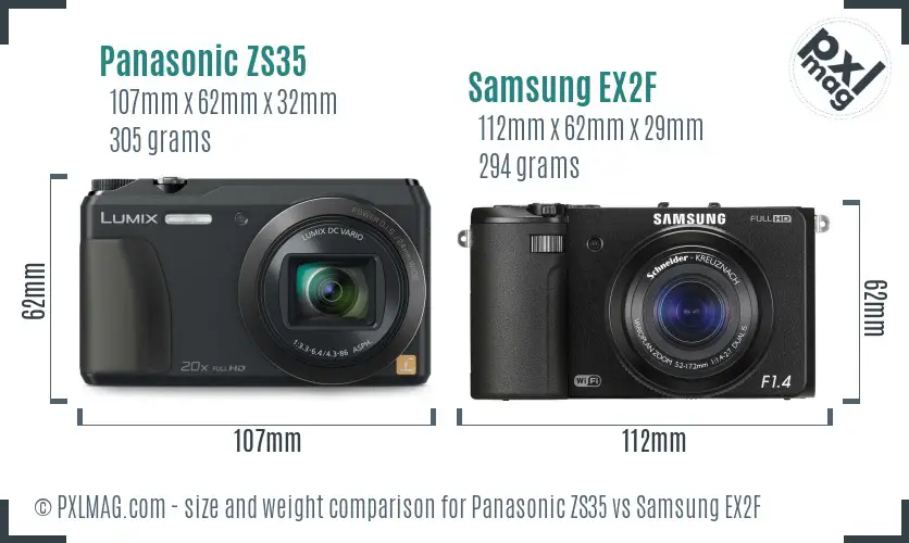 Panasonic ZS35 vs Samsung EX2F size comparison