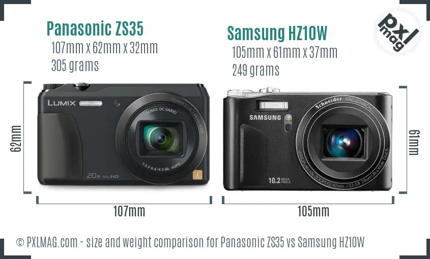 Panasonic ZS35 vs Samsung HZ10W size comparison