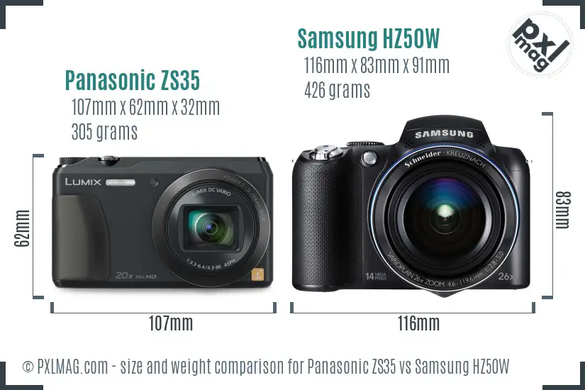Panasonic ZS35 vs Samsung HZ50W size comparison