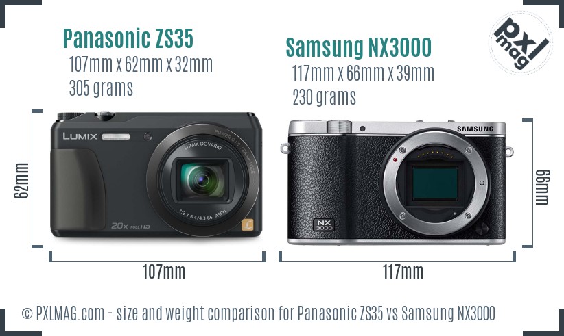 Panasonic ZS35 vs Samsung NX3000 size comparison