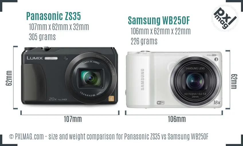 Panasonic ZS35 vs Samsung WB250F size comparison