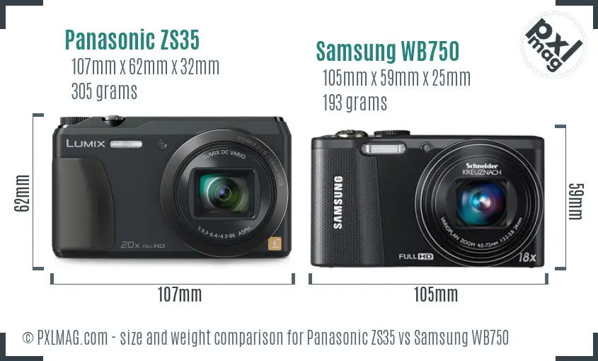 Panasonic ZS35 vs Samsung WB750 size comparison