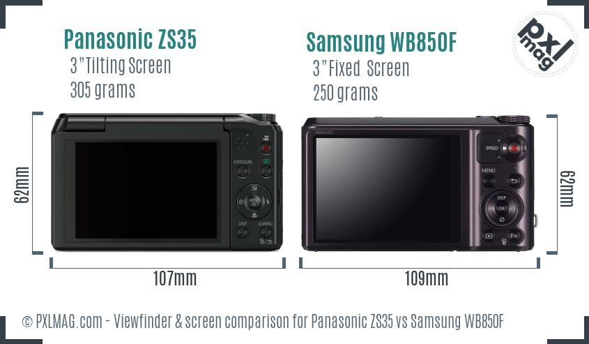 Panasonic ZS35 vs Samsung WB850F Screen and Viewfinder comparison
