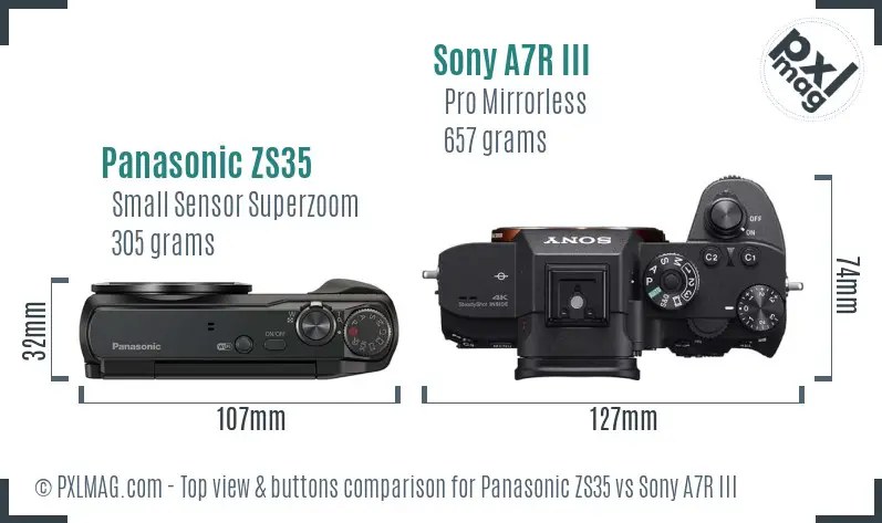 Panasonic ZS35 vs Sony A7R III top view buttons comparison Panasonic ZS35 vs Sony A7R III top view buttons comparison