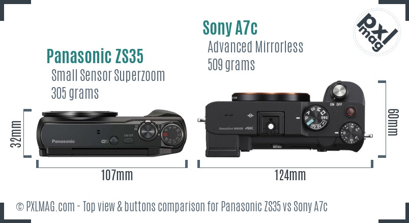 Panasonic ZS35 vs Sony A7c top view buttons comparison
