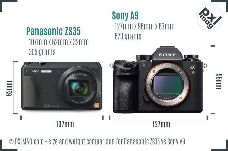 Panasonic ZS35 vs Sony A9 size comparison