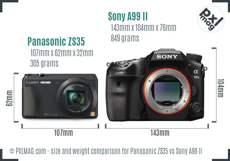 Panasonic ZS35 vs Sony A99 II size comparison