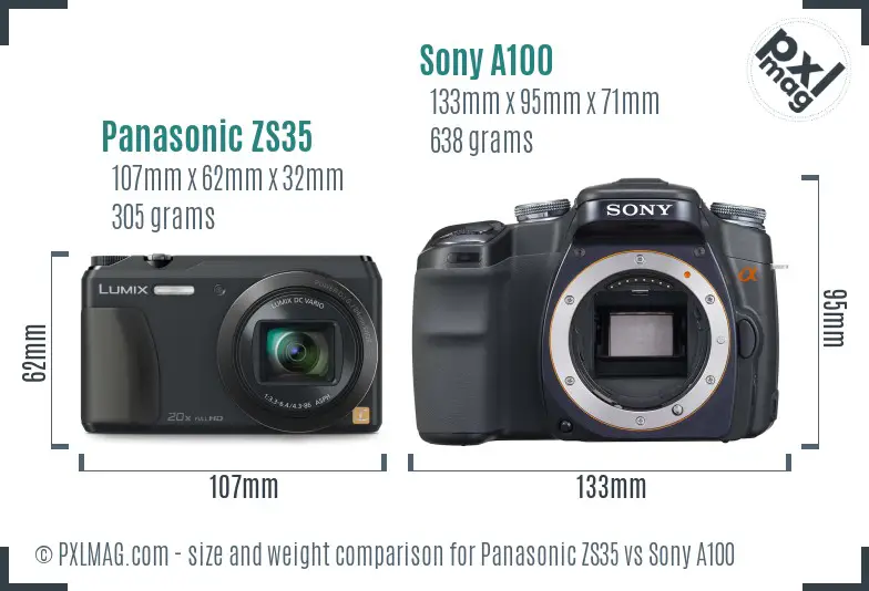 Panasonic ZS35 vs Sony A100 size comparison