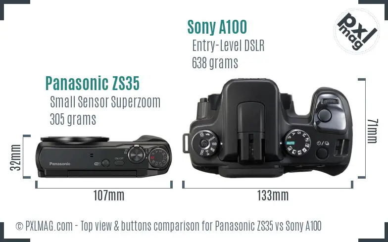 Panasonic ZS35 vs Sony A100 top view buttons comparison