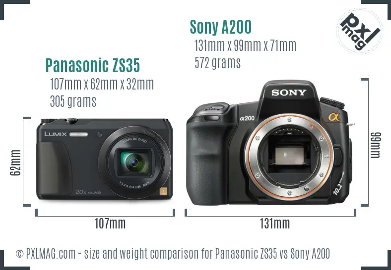 Panasonic ZS35 vs Sony A200 size comparison