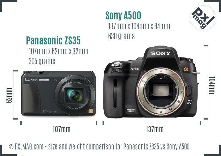 Panasonic ZS35 vs Sony A500 size comparison