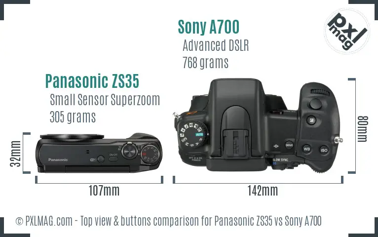 Panasonic ZS35 vs Sony A700 top view buttons comparison Panasonic ZS35 vs Sony A700 top view buttons comparison