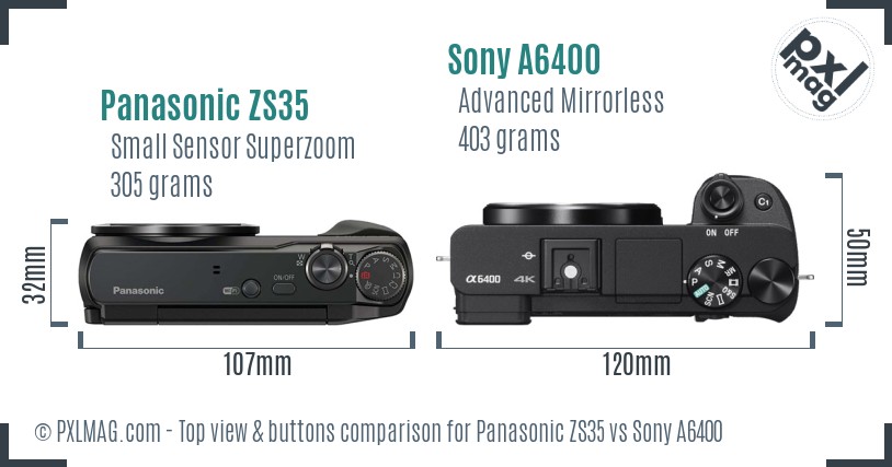 Panasonic ZS35 vs Sony A6400 top view buttons comparison