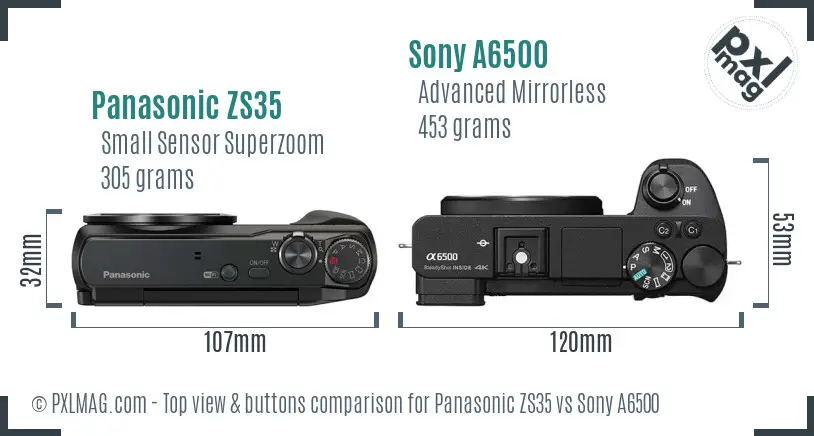 Panasonic ZS35 vs Sony A6500 top view buttons comparison