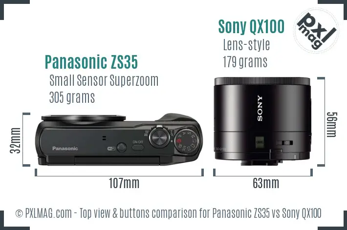 Panasonic ZS35 vs Sony QX100 top view buttons comparison