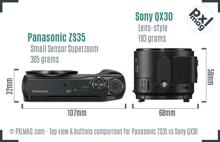 Panasonic ZS35 vs Sony QX30 top view buttons comparison Panasonic ZS35 vs Sony QX30 top view buttons comparison