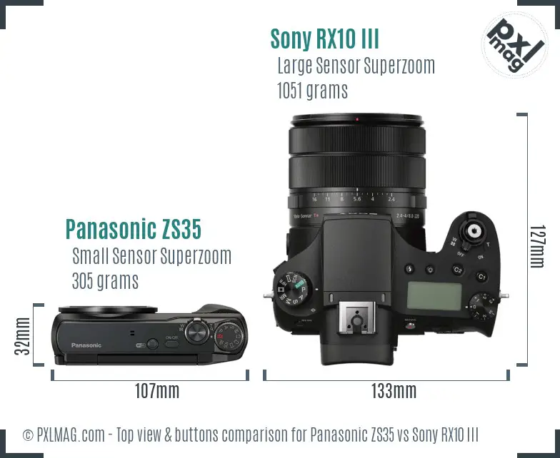 Panasonic ZS35 vs Sony RX10 III top view buttons comparison