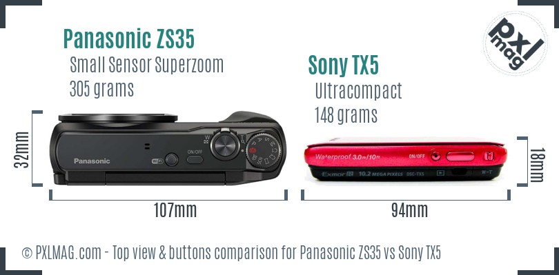 Panasonic ZS35 vs Sony TX5 top view buttons comparison