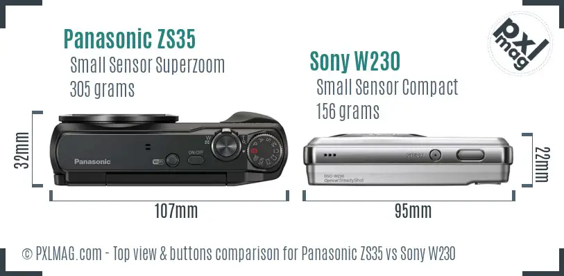 Panasonic ZS35 vs Sony W230 top view buttons comparison