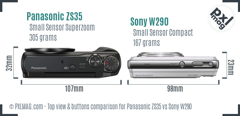 Panasonic ZS35 vs Sony W290 top view buttons comparison