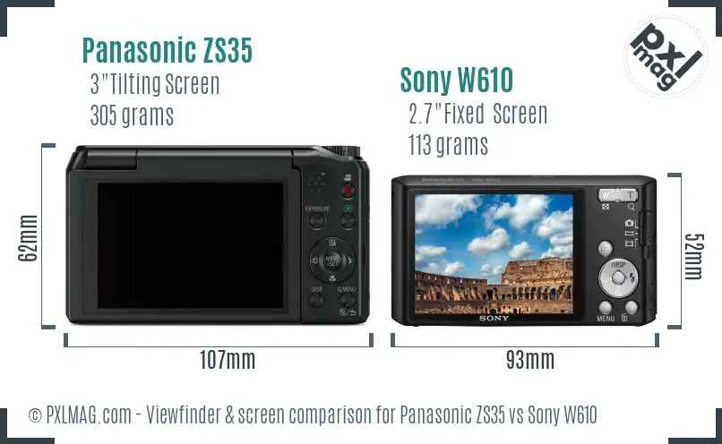 Panasonic ZS35 vs Sony W610 Screen and Viewfinder comparison