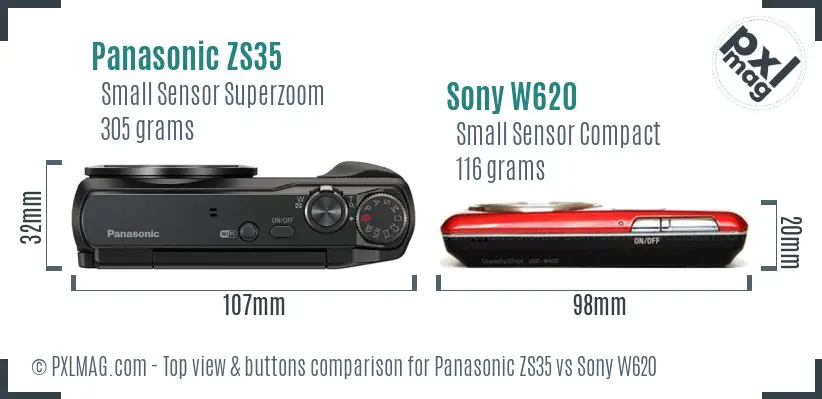 Panasonic ZS35 vs Sony W620 top view buttons comparison
