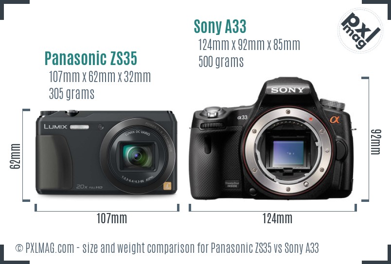 Panasonic ZS35 vs Sony A33 size comparison