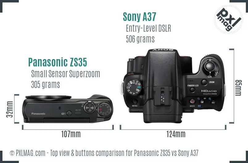 Panasonic ZS35 vs Sony A37 top view buttons comparison Panasonic ZS35 vs Sony A37 top view buttons comparison