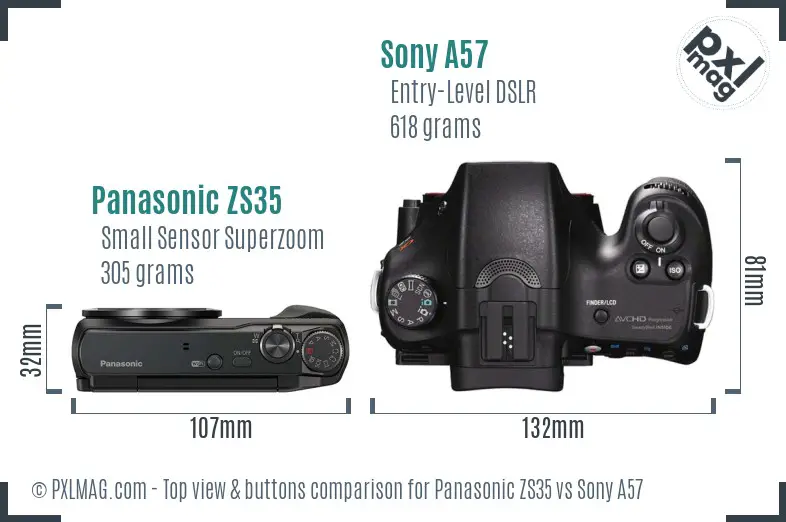 Panasonic ZS35 vs Sony A57 top view buttons comparison Panasonic ZS35 vs Sony A57 top view buttons comparison